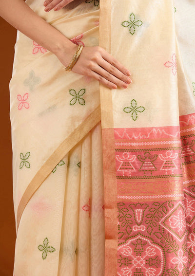 Cream Zariwork Tissue Saree-Koskii