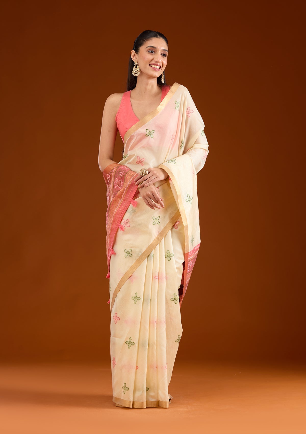 Cream Zariwork Tissue Saree-Koskii