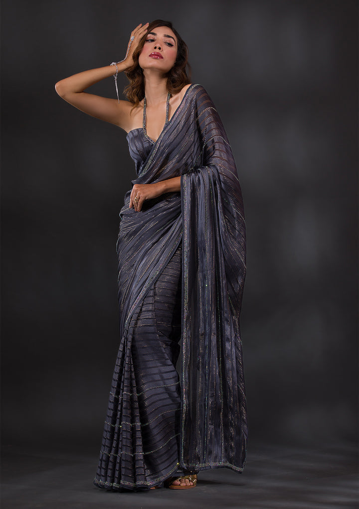 Dark Grey Swarovski Georgette Designer Saree-Koskii