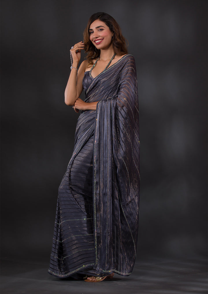 Leaf Green Swarovski Chiffon Designer Saree-Koskii