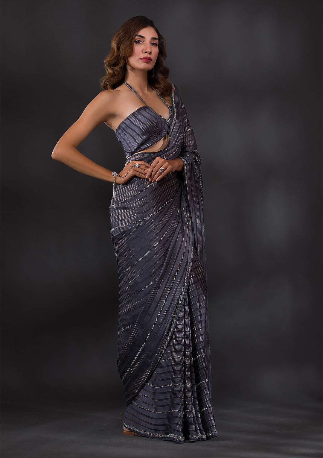 Purple Swarovski Lycra Designer Saree-Koskii