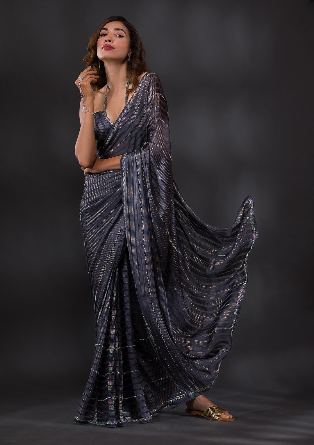 Leaf Green Swarovski Chiffon Designer Saree-Koskii