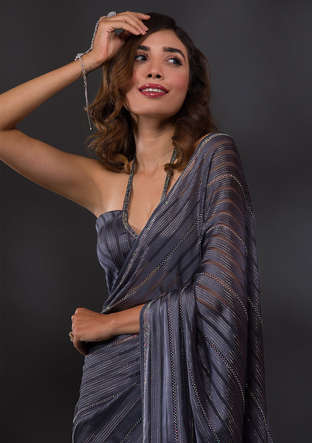 Leaf Green Swarovski Chiffon Designer Saree-Koskii