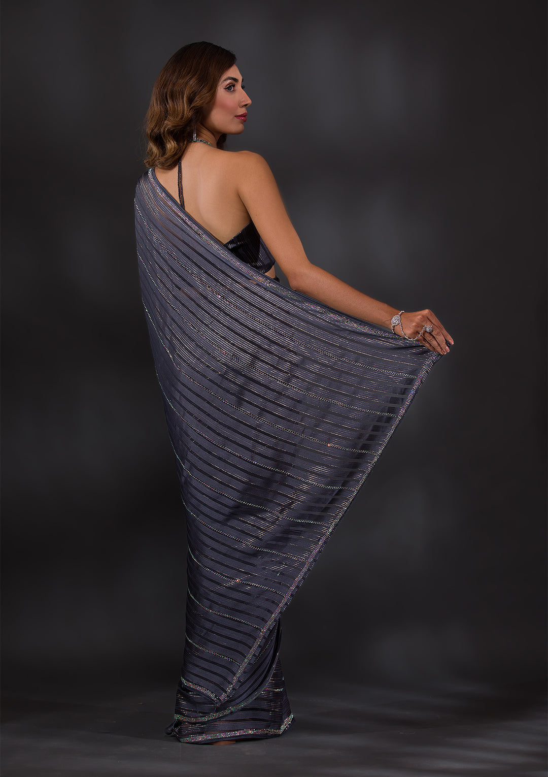 Dark Grey Swarovski Georgette Saree-Koskii