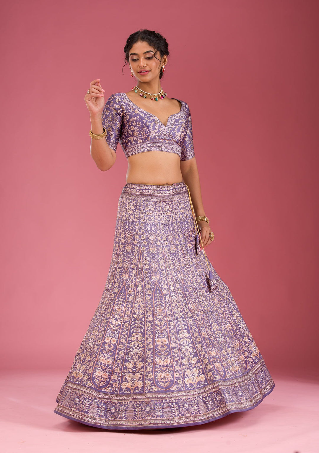 Dark Grey Swarovski Raw Silk Readymade Lehenga-Koskii