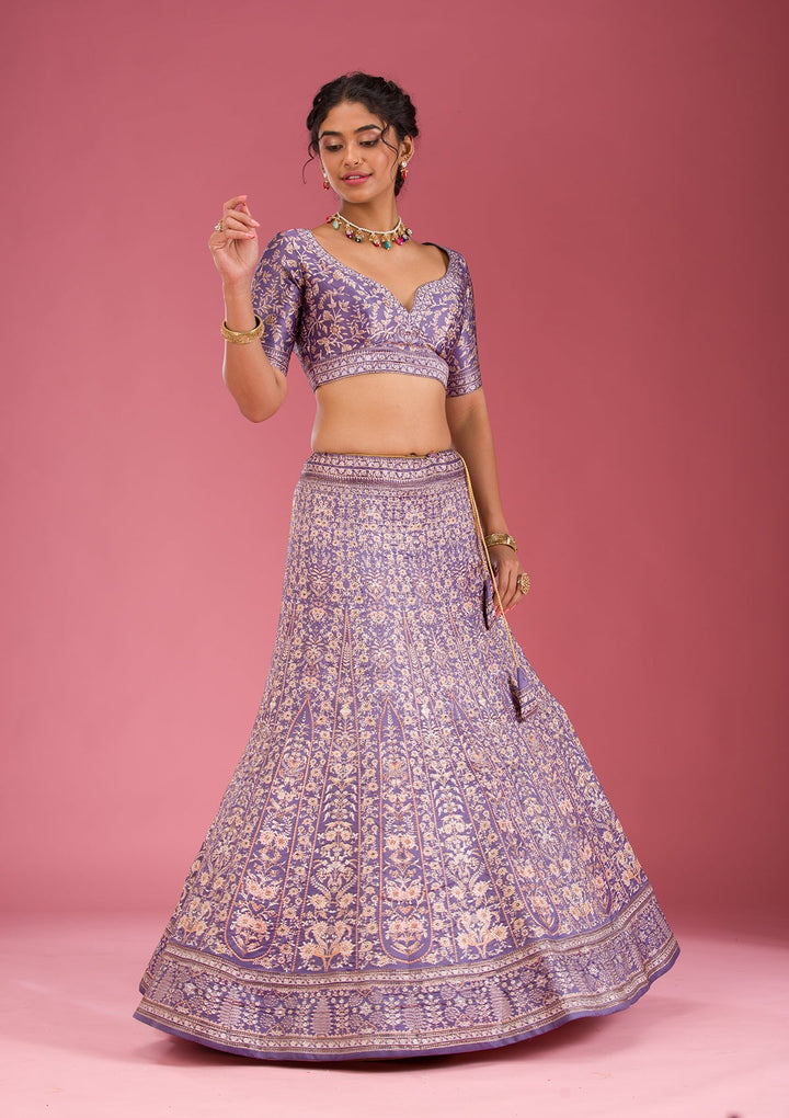 Dark Grey Swarovski Raw Silk Readymade Lehenga-Koskii