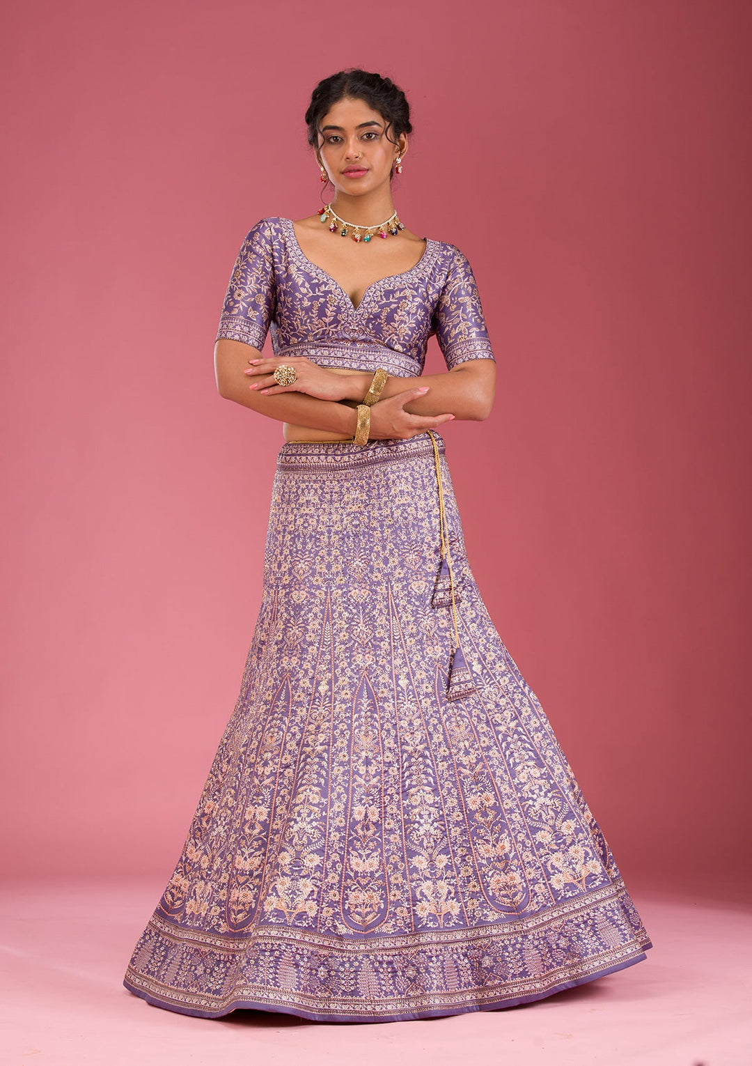 Dark Grey Swarovski Raw Silk Readymade Lehenga-Koskii