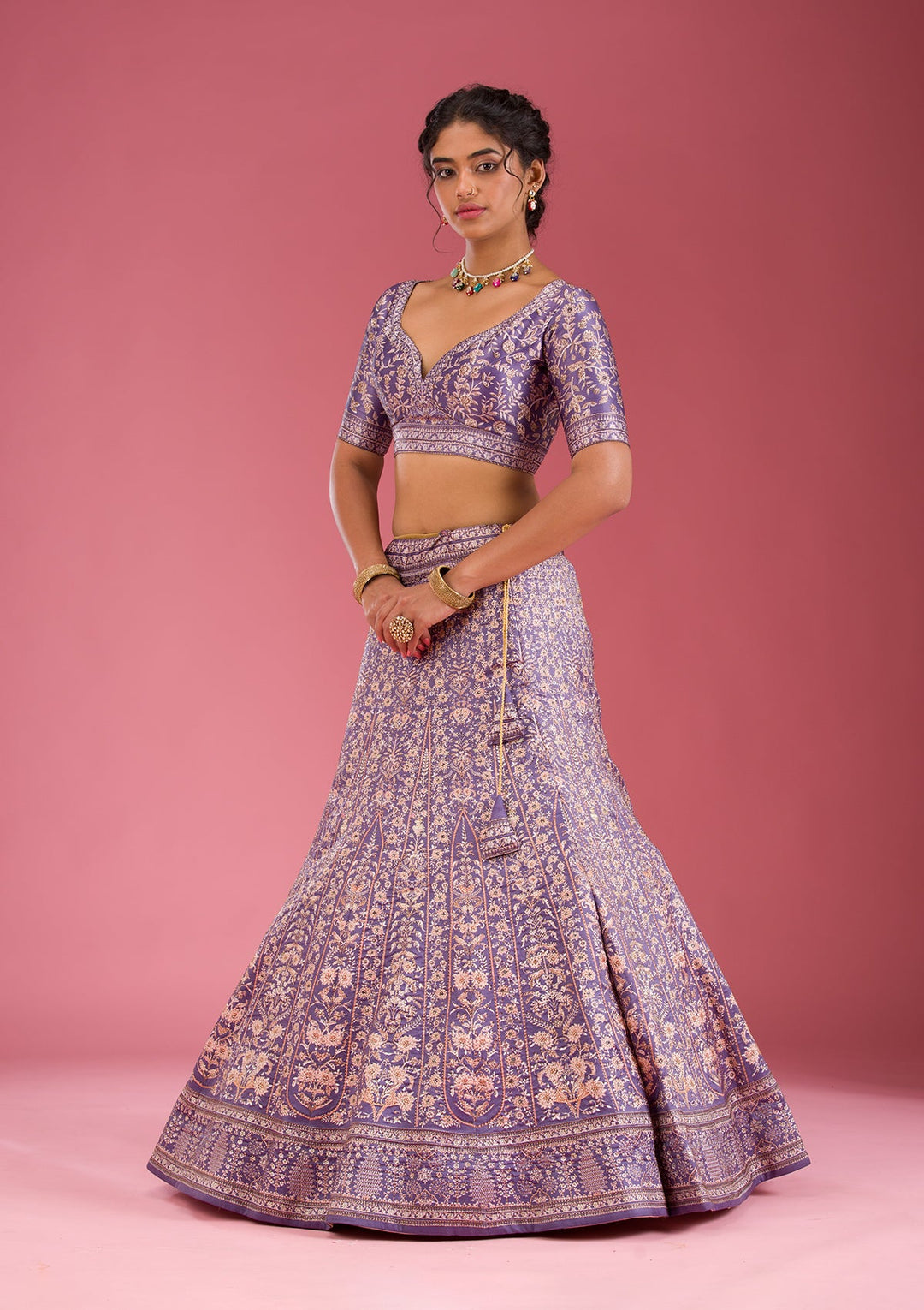 Dark Grey Swarovski Raw Silk Readymade Lehenga-Koskii