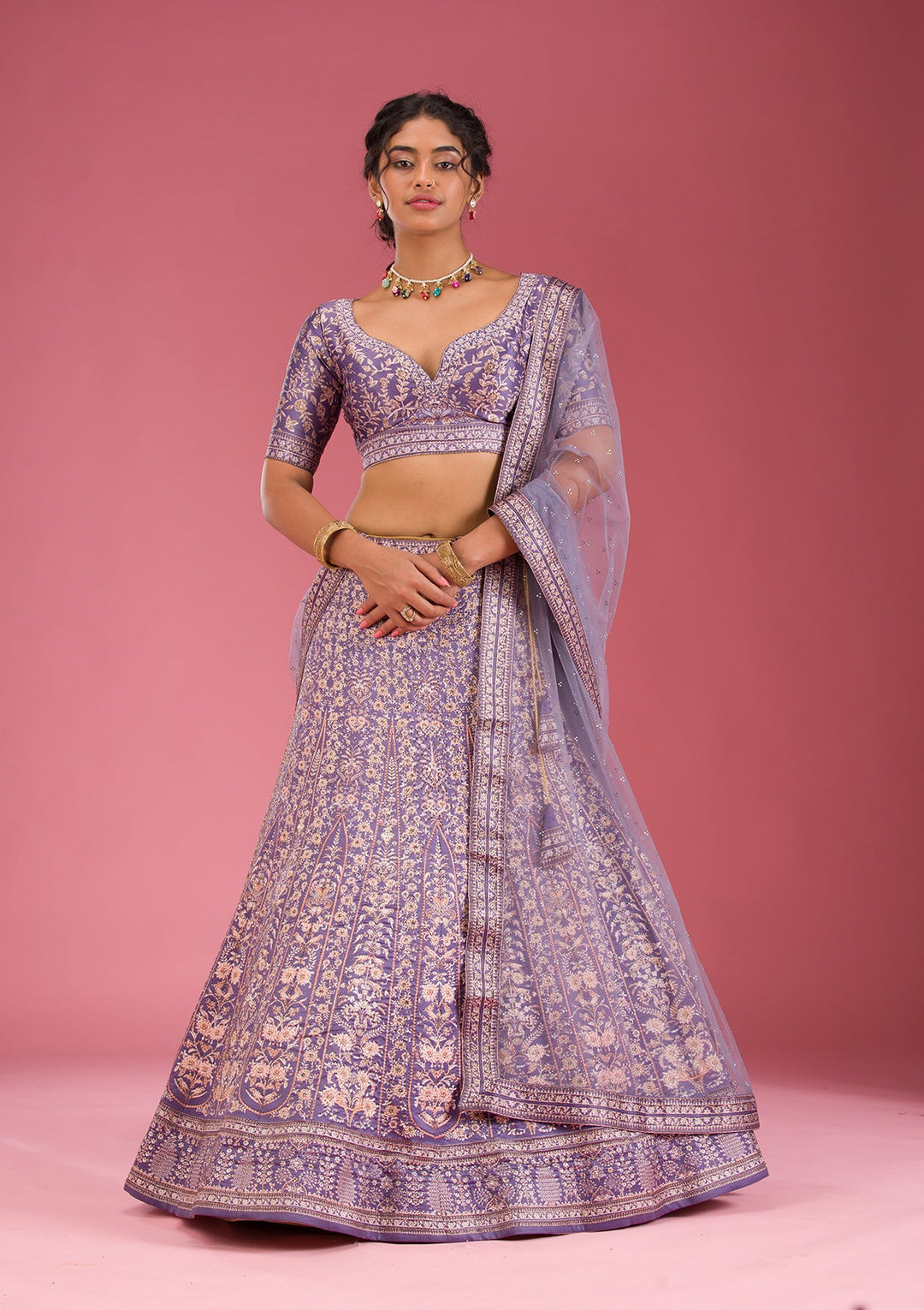 Dark Grey Swarovski Raw Silk Readymade Lehenga-Koskii