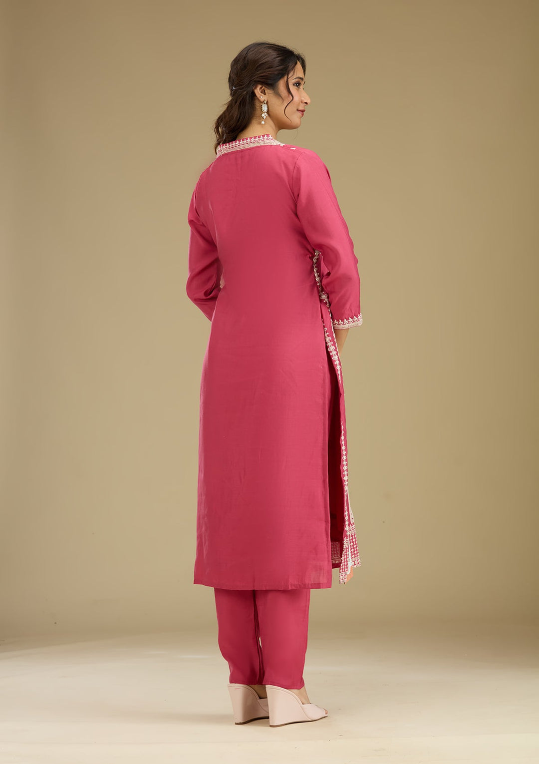 Dark Onion Pink Threadwork Semi Crepe Readymade Salwar Suit-Koskii