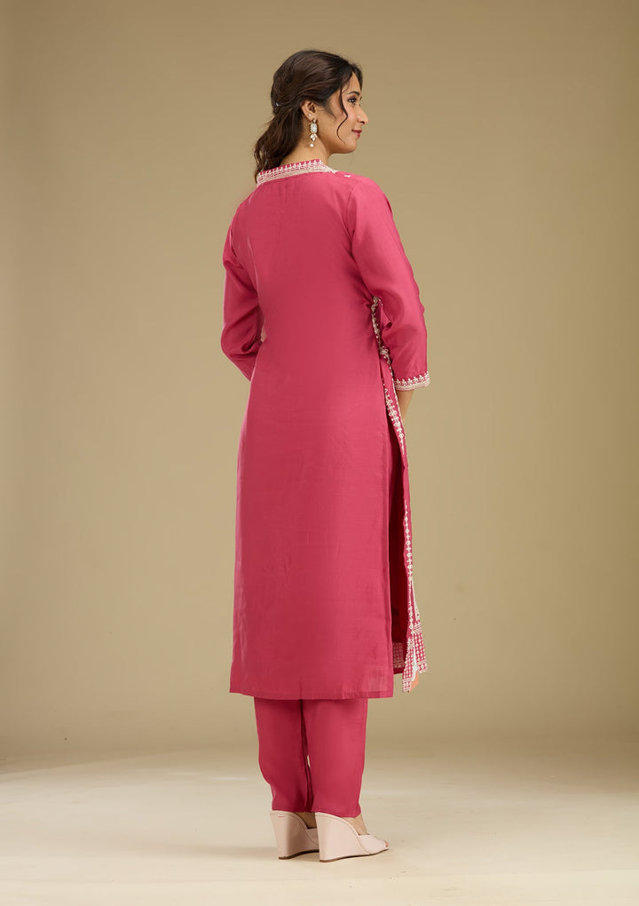 Dark Onion Pink Threadwork Semi Crepe Readymade Salwar Suit-Koskii