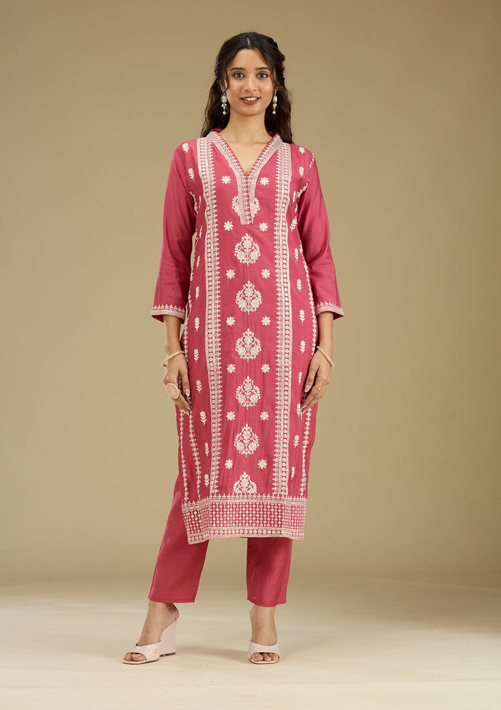 Dark Onion Pink Threadwork Semi Crepe Readymade Salwar Suit-Koskii