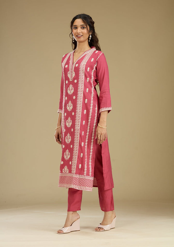 Dark Onion Pink Threadwork Semi Crepe Readymade Salwar Suit-Koskii