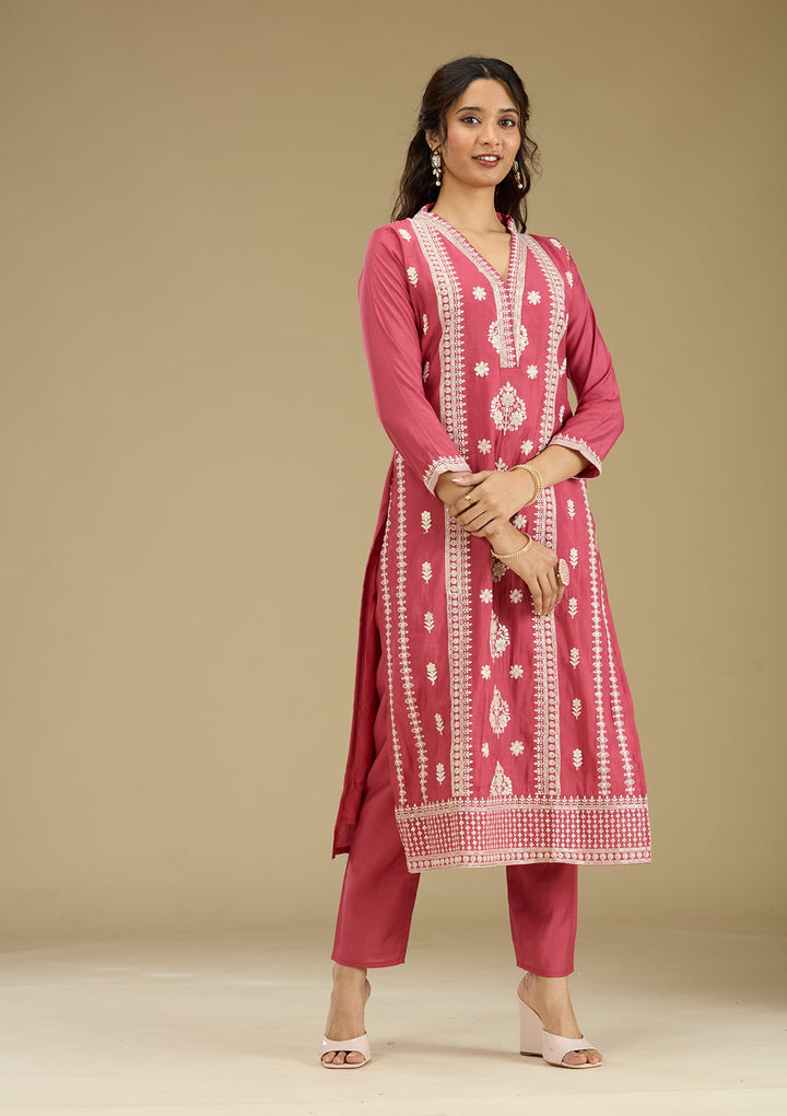 Dark Onion Pink Threadwork Semi Crepe Readymade Salwar Suit-Koskii