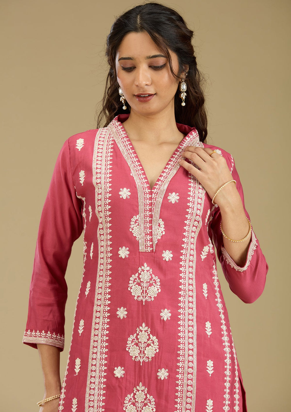 Dark Onion Pink Threadwork Semi Crepe Readymade Salwar Suit-Koskii