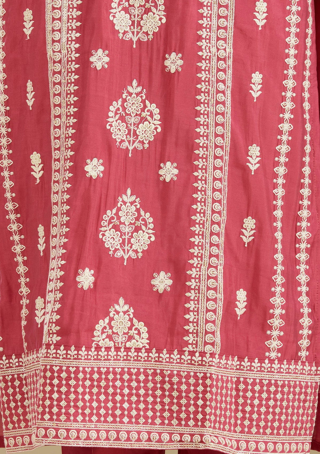 Dark Onion Pink Threadwork Semi Crepe Readymade Salwar Suit-Koskii