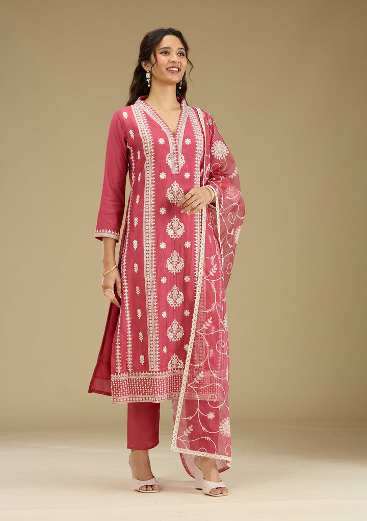 Dark Onion Pink Threadwork Semi Crepe Readymade Salwar Suit-Koskii