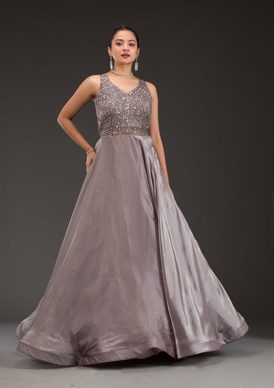 Dark Grey Cutdana Satin Gown-Koskii