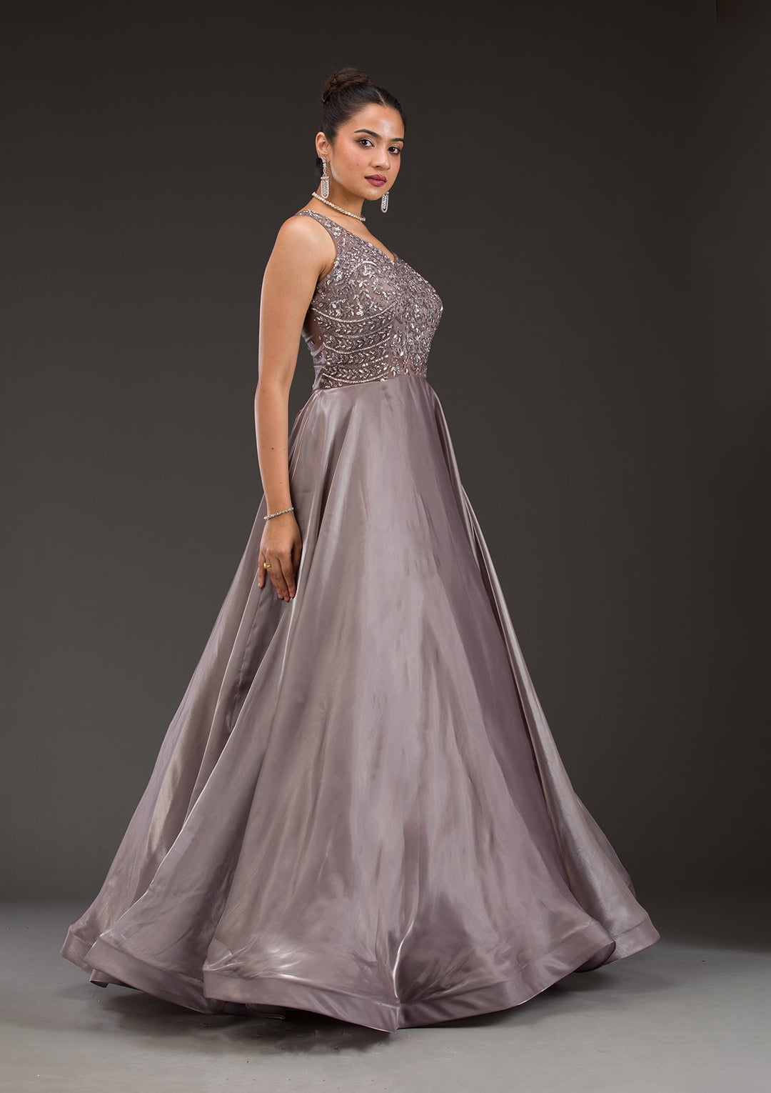 Buy Dark Grey Cutdana Satin Gown - Koskii Buy Dark Grey Cutdana Satin Gown - Koskii