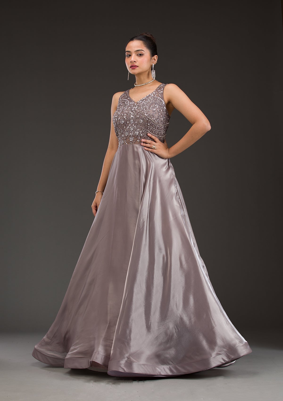 Dark Grey Cutdana Satin Gown-Koskii