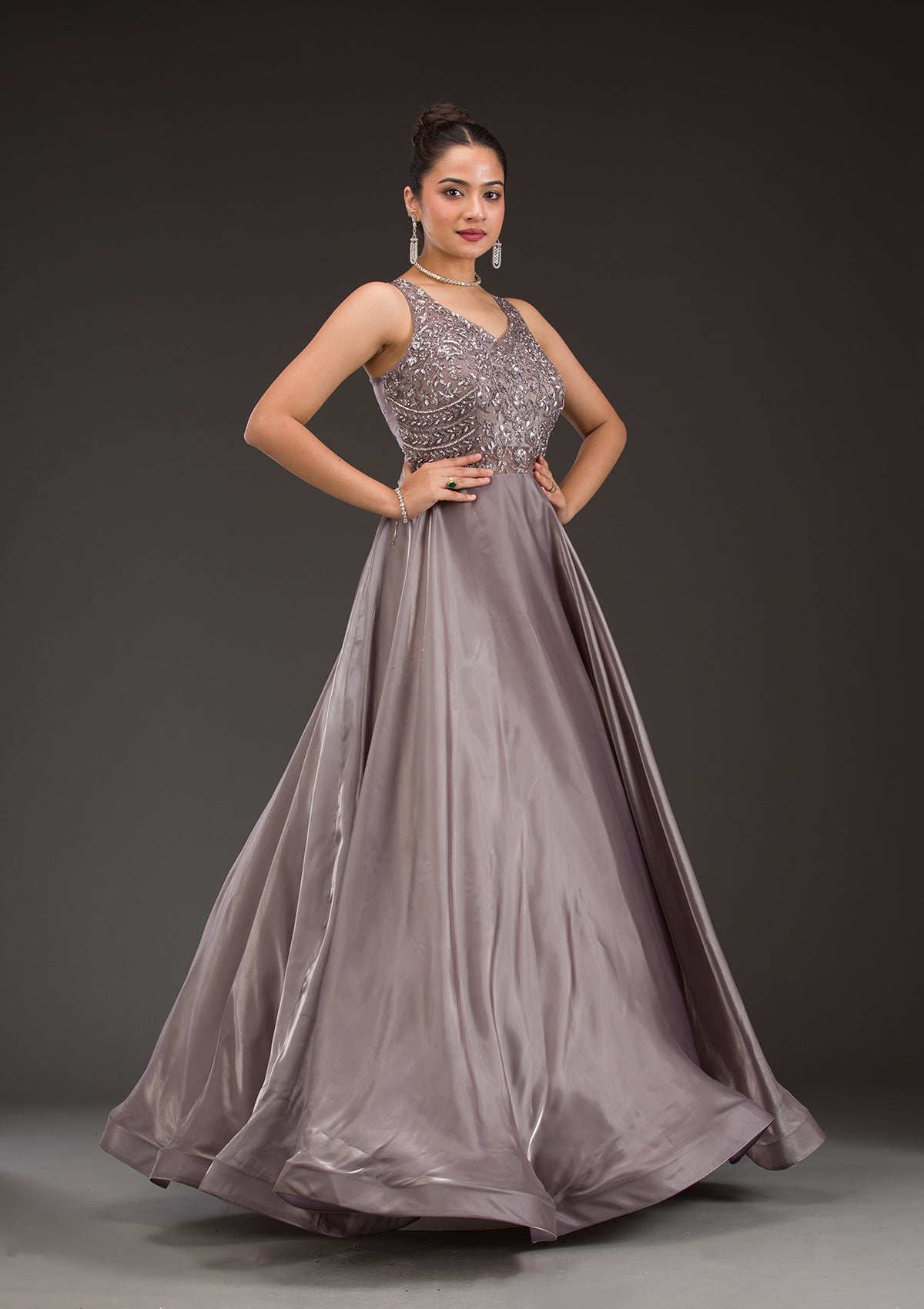 Dark Grey Cutdana Satin Gown-Koskii