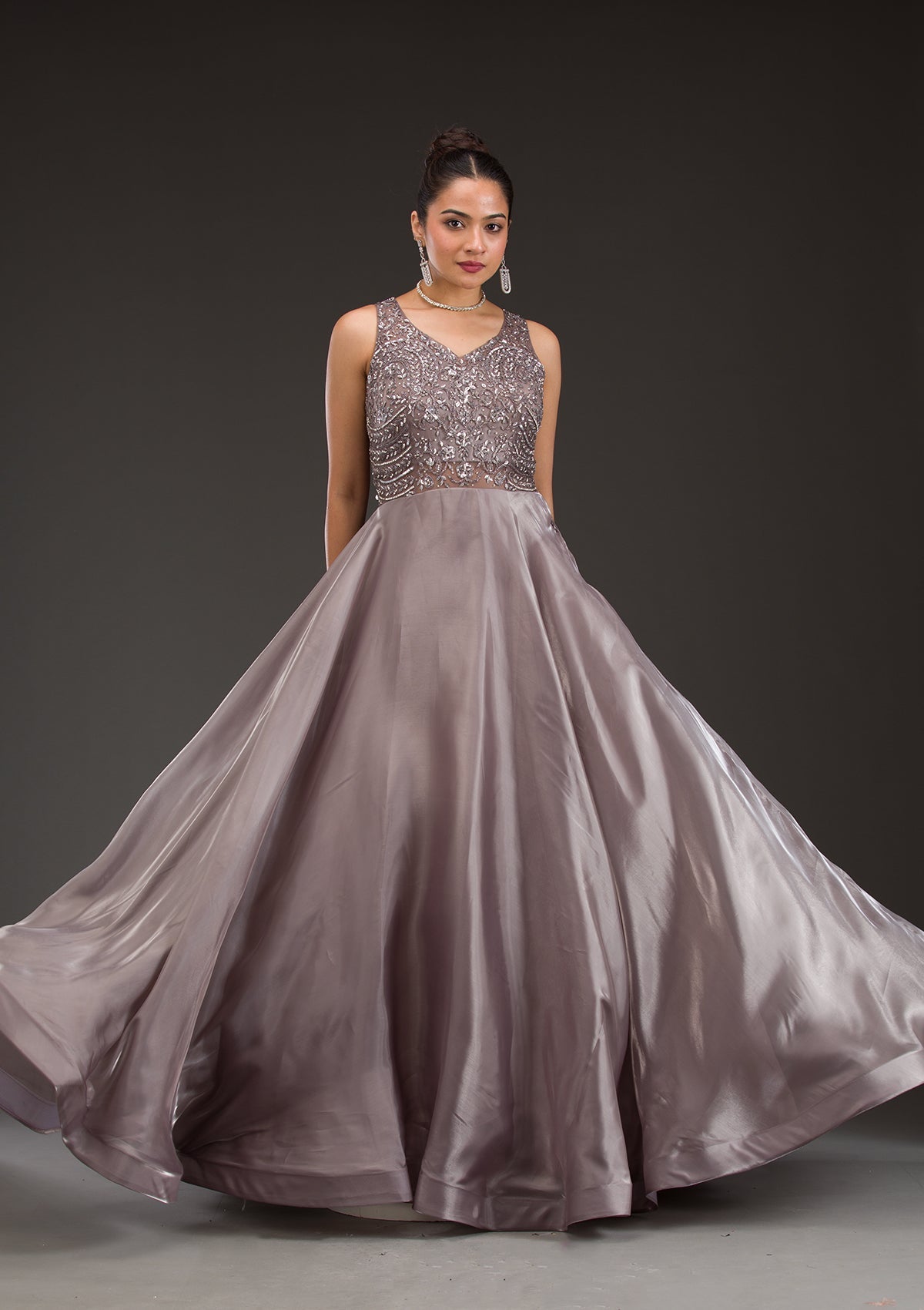 Dark Grey Cutdana Satin Gown-Koskii