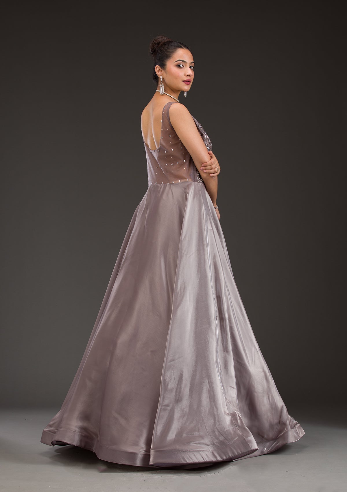 Dark Grey Cutdana Satin Gown-Koskii