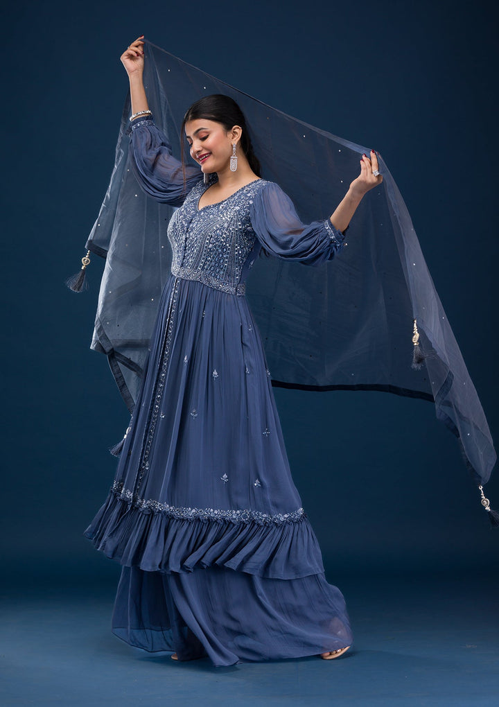 Dark Grey Mirrorwork Georgette Readymade Salwar Suit-Koskii