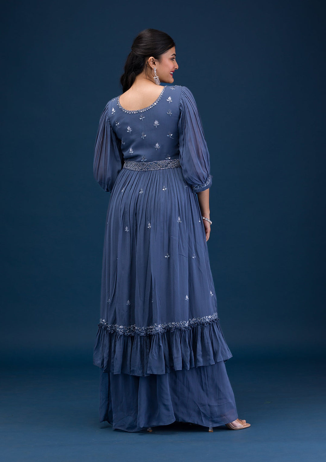 Dark Grey Mirrorwork Georgette Readymade Salwar Suit-Koskii