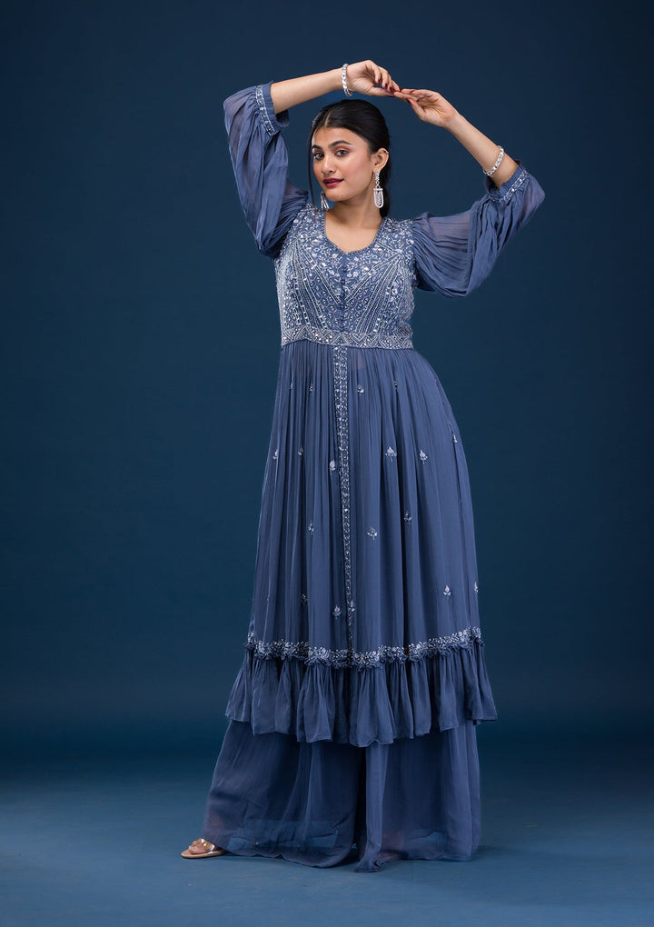 Dark Grey Mirrorwork Georgette Readymade Salwar Suit-Koskii