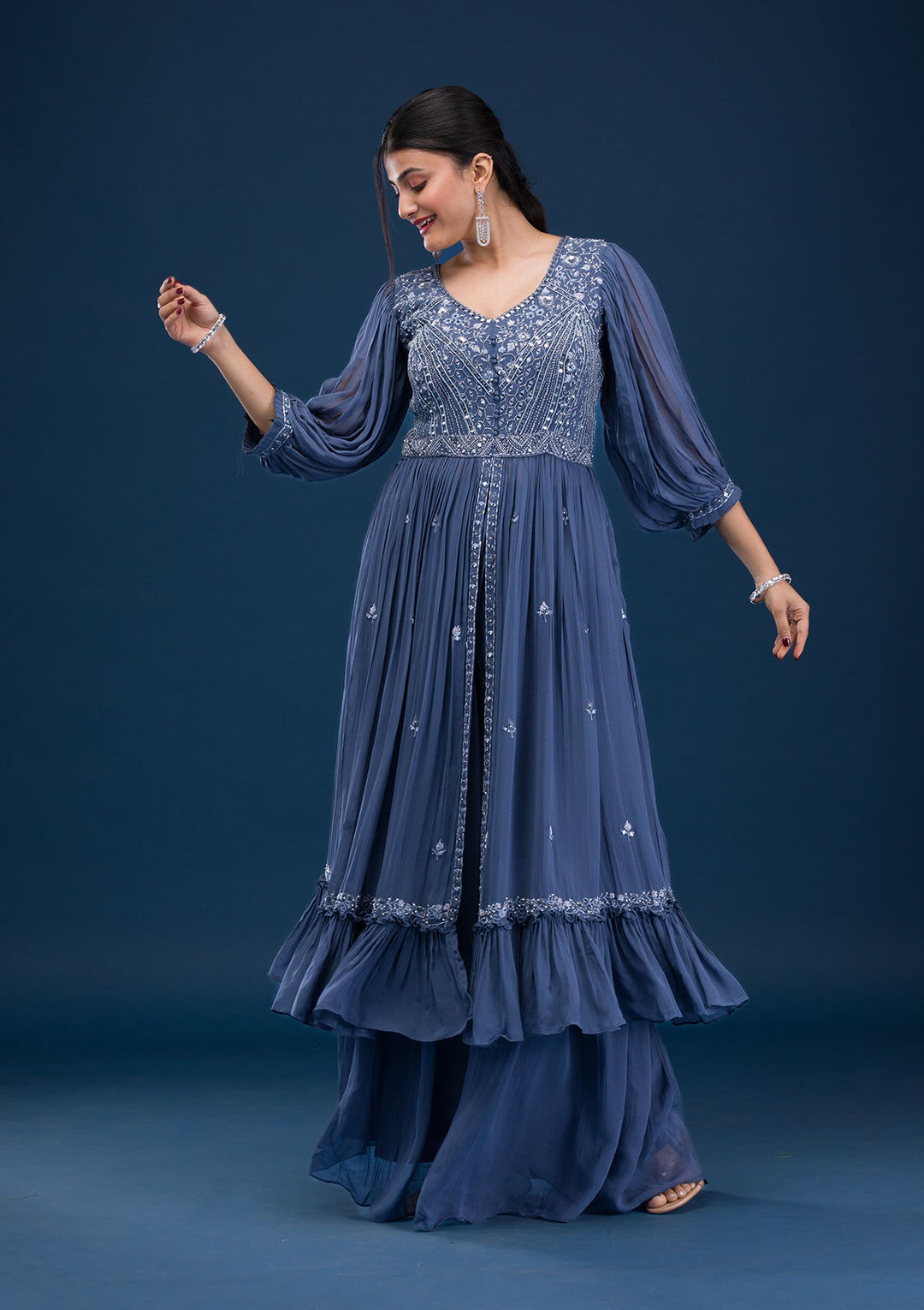 Dark Grey Mirrorwork Georgette Readymade Salwar Suit-Koskii