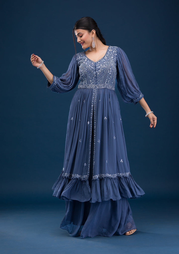 Dark Grey Mirrorwork Georgette Readymade Salwar Suit-Koskii