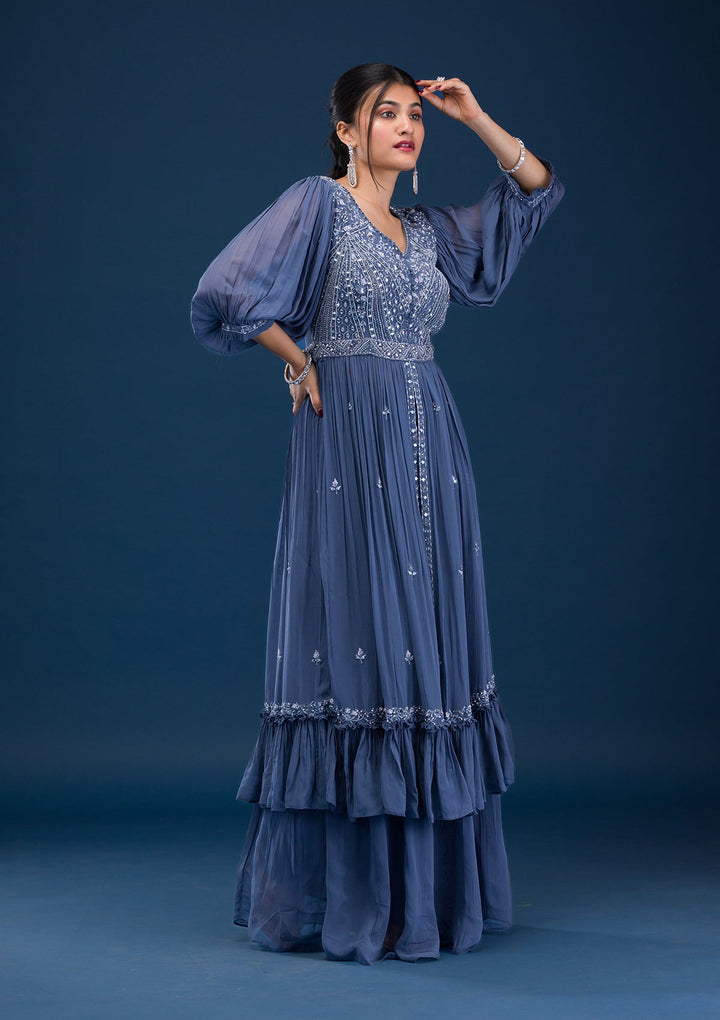 Dark Grey Mirrorwork Georgette Readymade Salwar Suit-Koskii