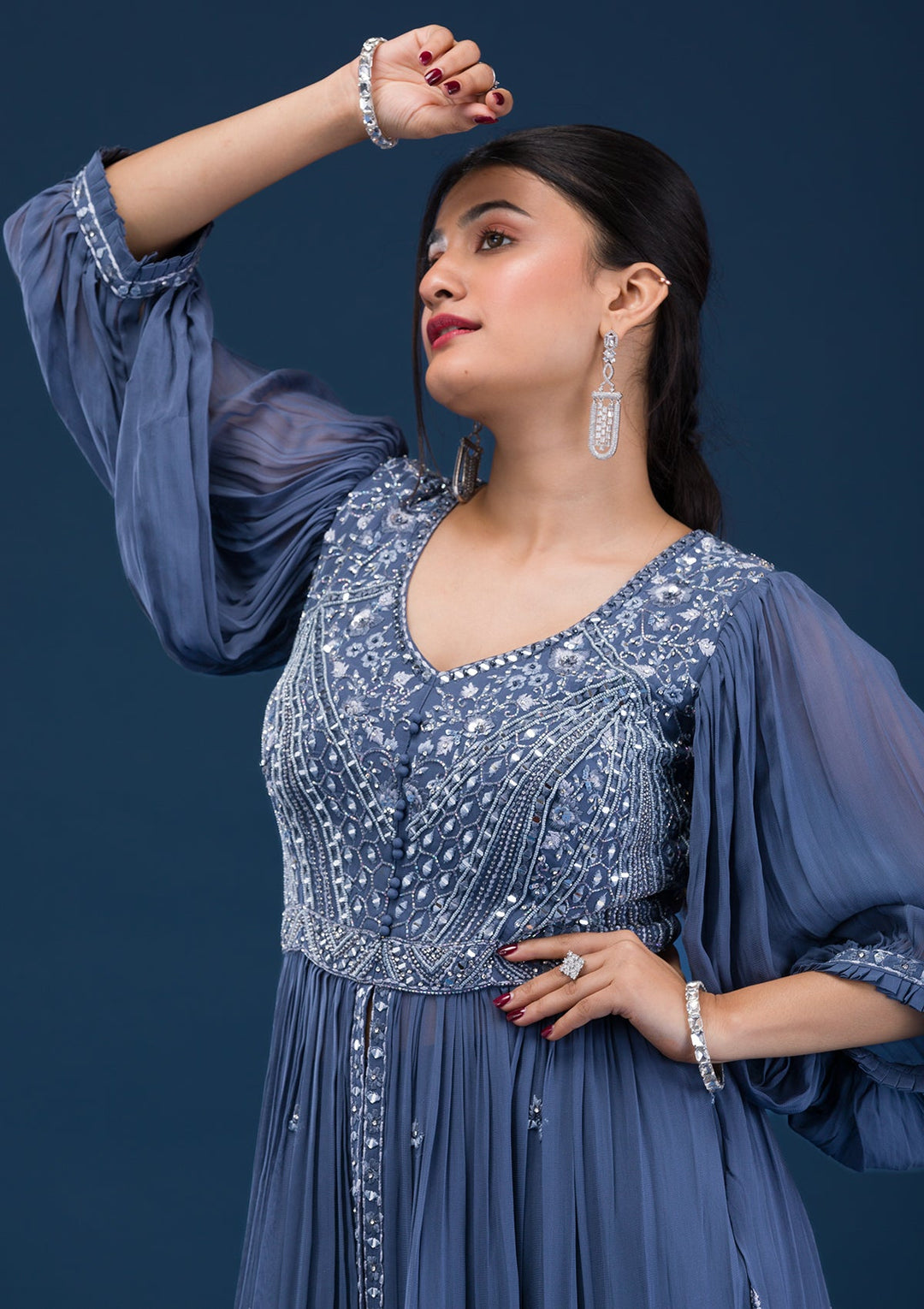 Dark Grey Mirrorwork Georgette Readymade Salwar Suit-Koskii