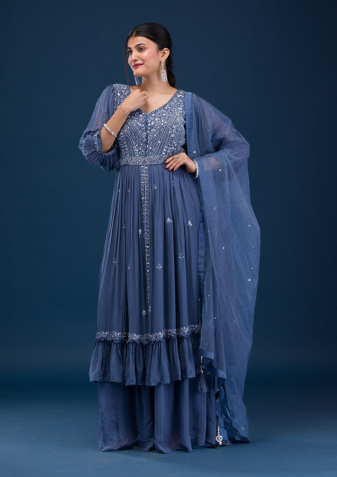 Dark Grey Mirrorwork Georgette Readymade Salwar Suit-Koskii