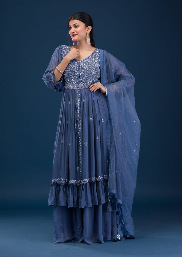 Dark Grey Mirrorwork Georgette Readymade Salwar Suit-Koskii