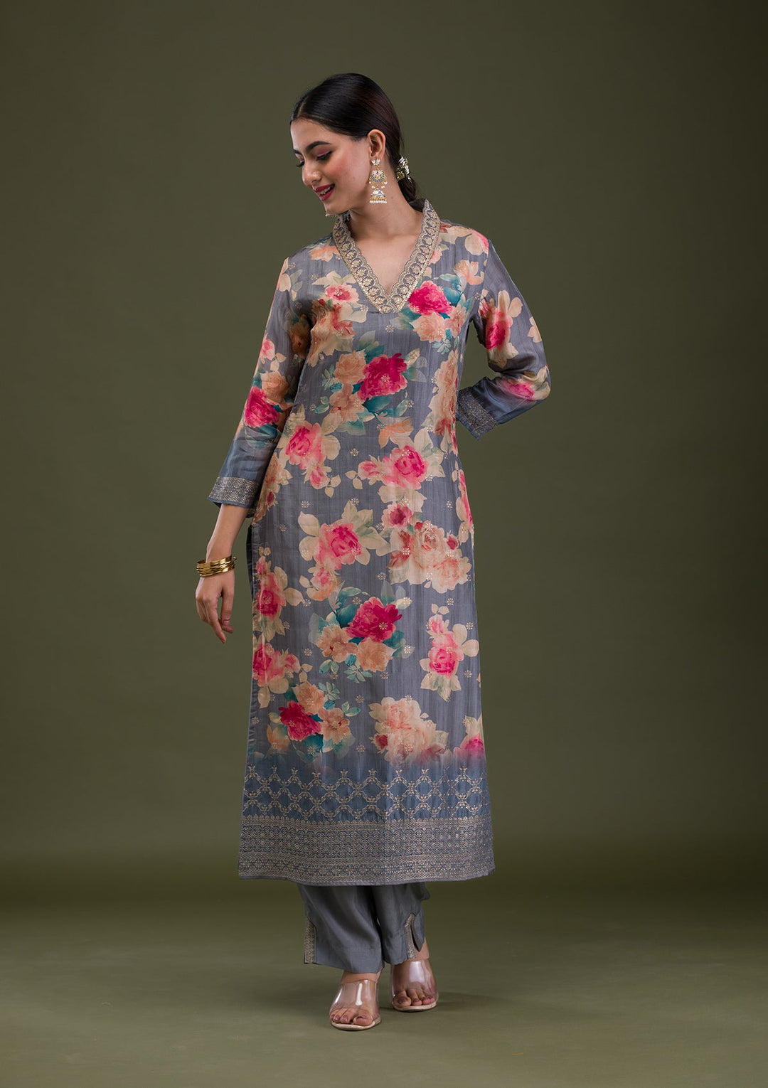 Dark Grey Printed Semi Crepe Readymade Salwar Suit-Koskii