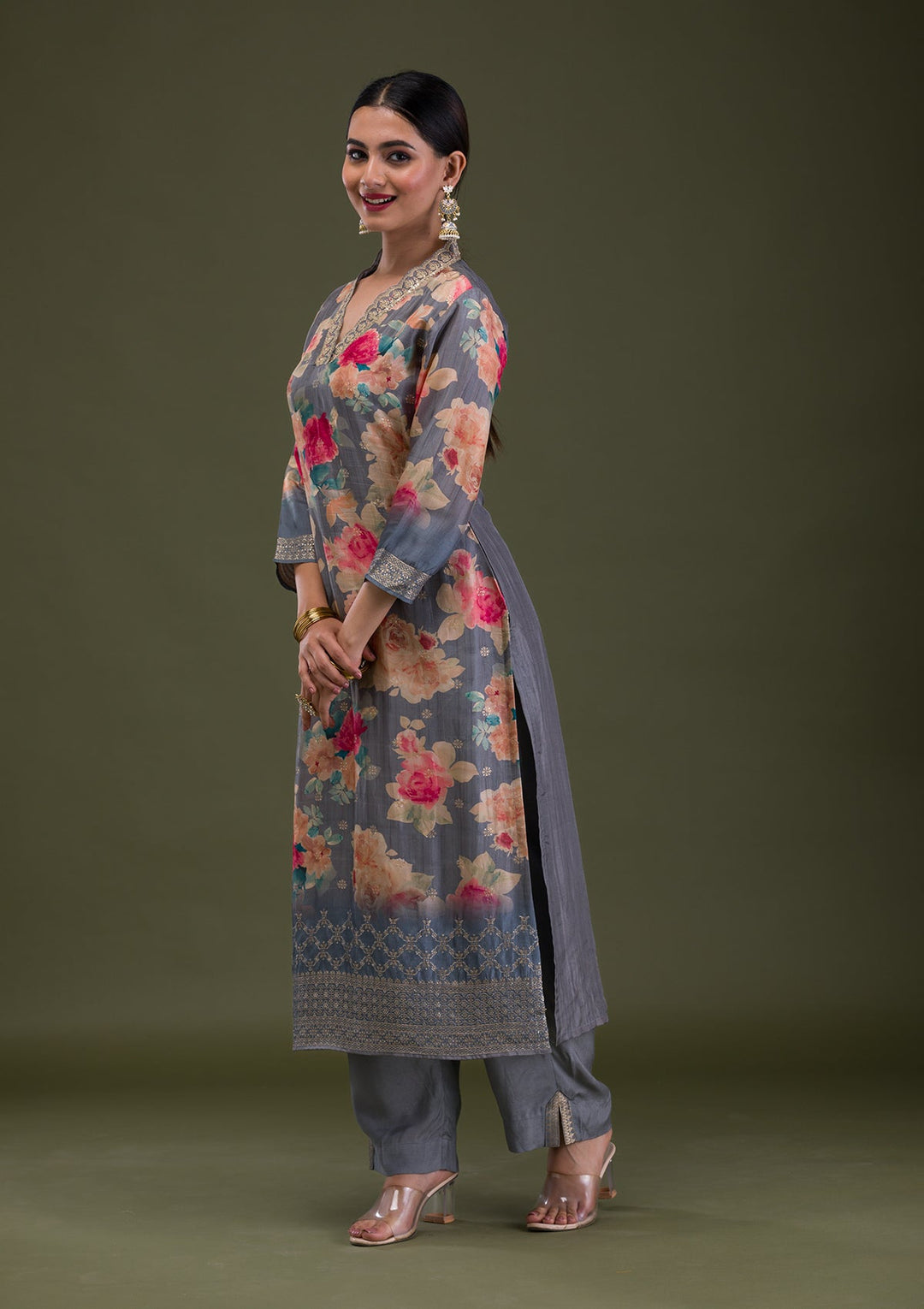 Dark Grey Printed Semi Crepe Readymade Salwar Suit-Koskii