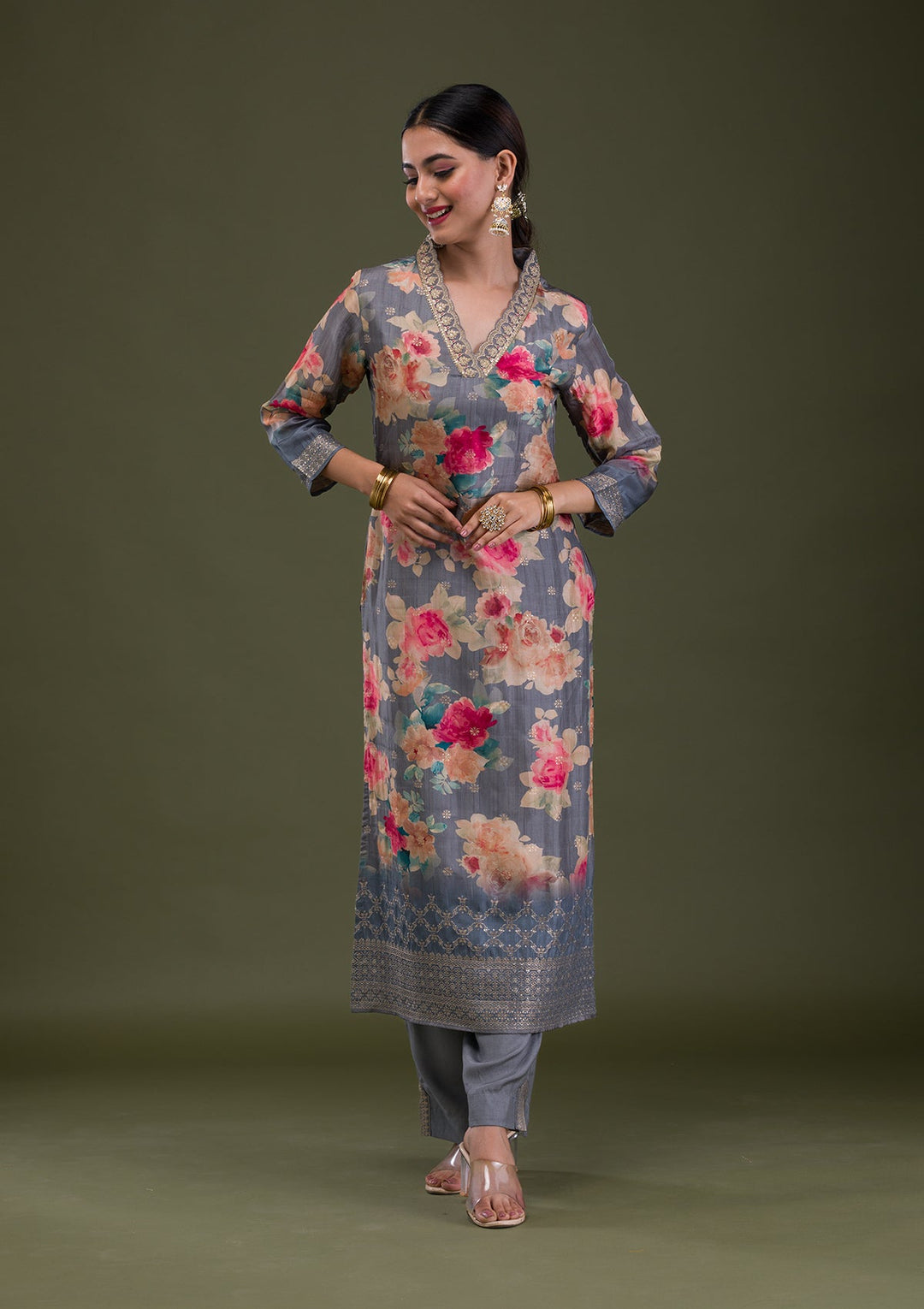 Dark Grey Printed Semi Crepe Readymade Salwar Suit-Koskii