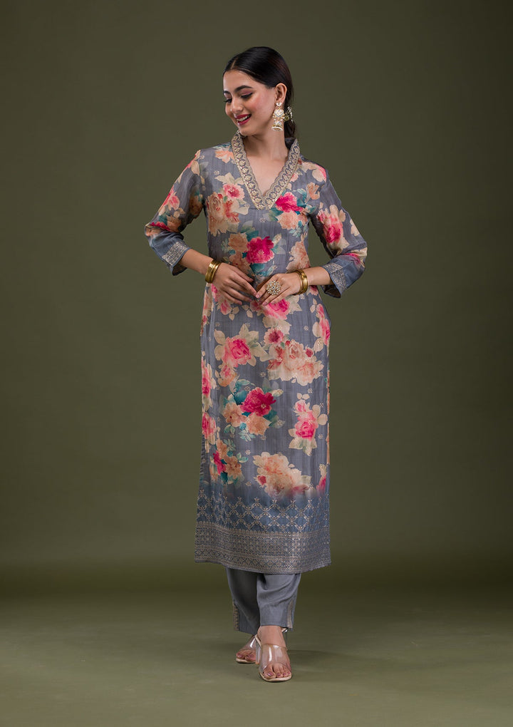 Dark Grey Printed Semi Crepe Readymade Salwar Suit-Koskii