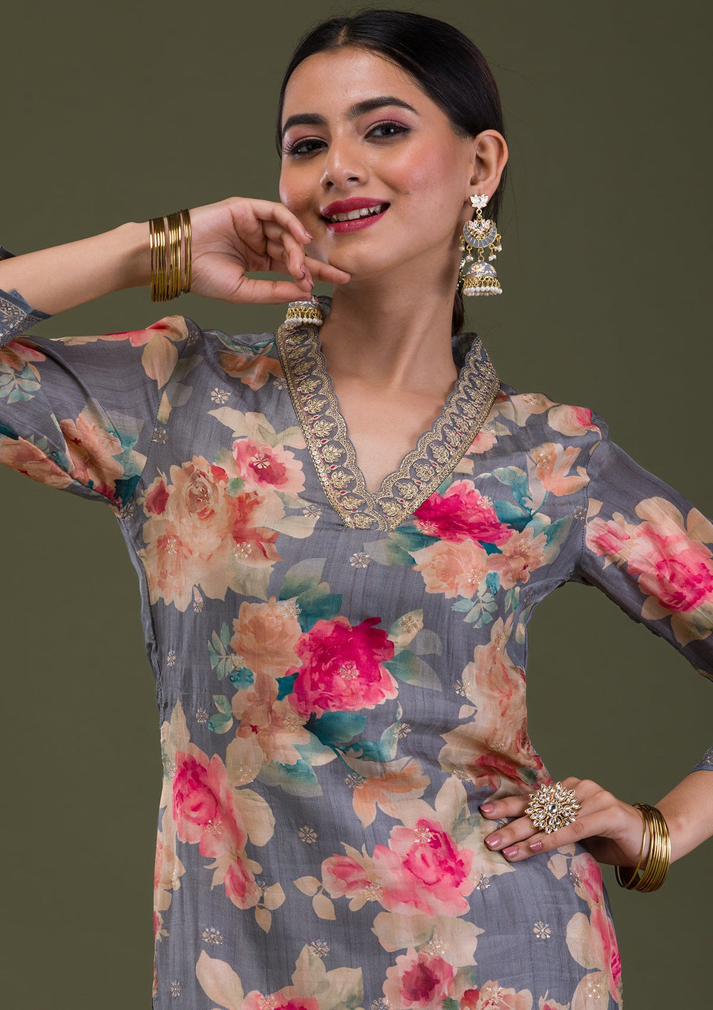 Dark Grey Printed Semi Crepe Readymade Salwar Suit-Koskii