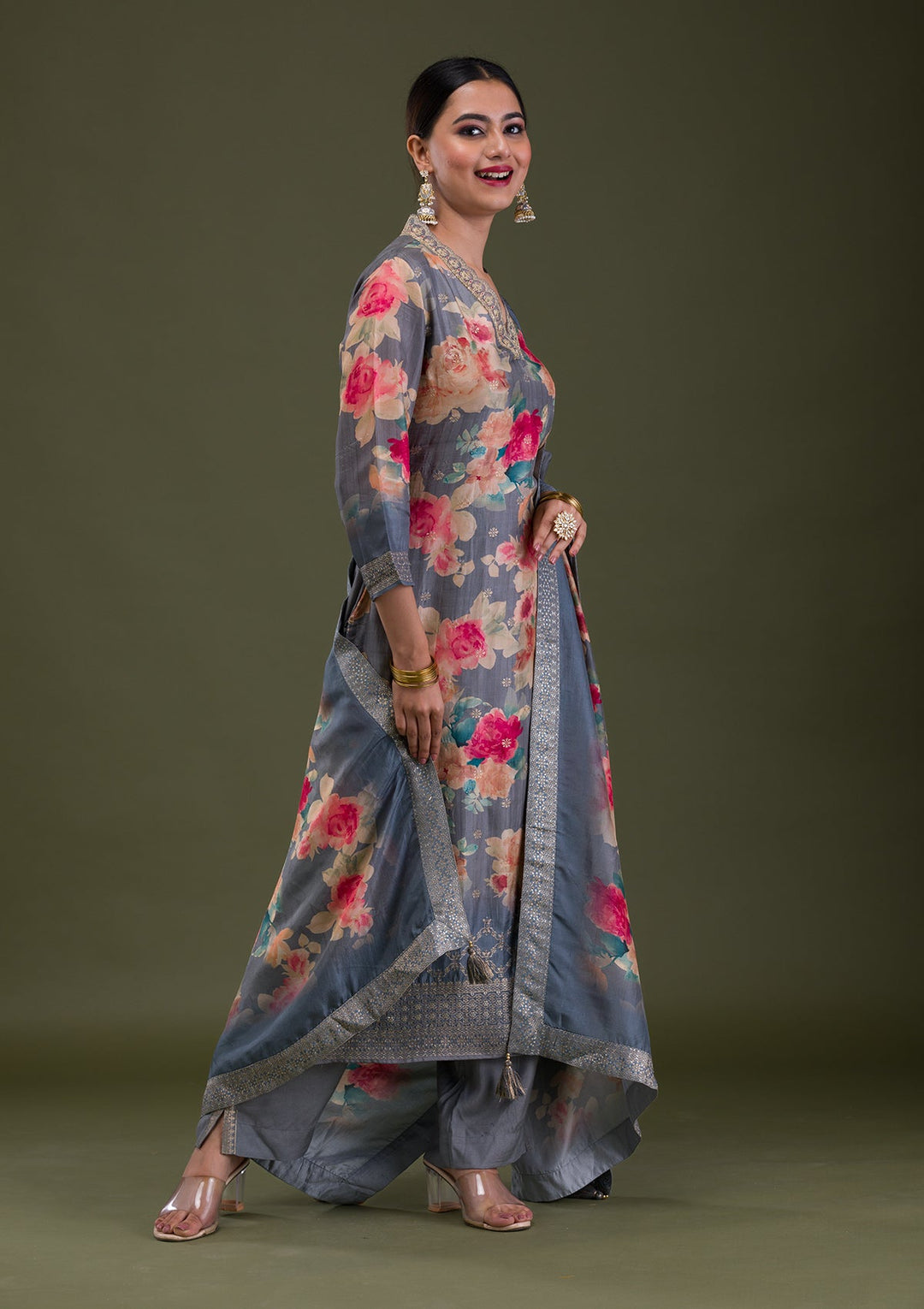 Dark Grey Printed Semi Crepe Readymade Salwar Suit-Koskii