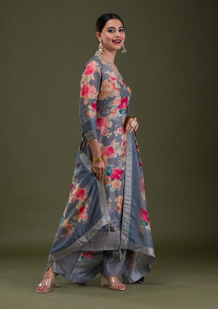 Dark Grey Printed Semi Crepe Readymade Salwar Suit-Koskii