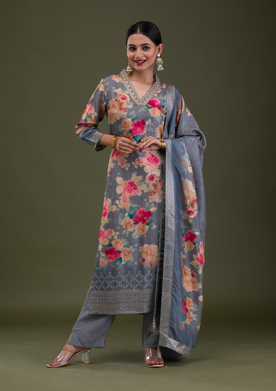Dark Grey Printed Semi Crepe Readymade Salwar Suit-Koskii