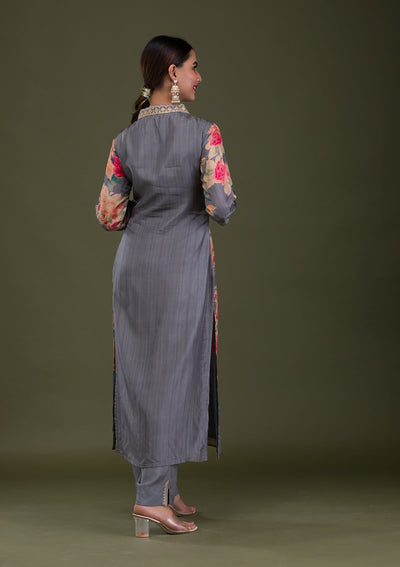 Dark Grey Printed Semi Crepe Readymade Salwar Suit-Koskii