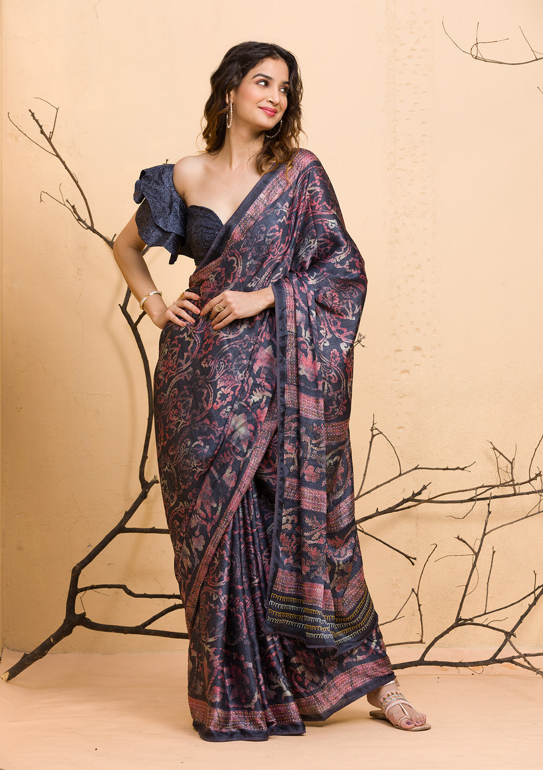 Dark Grey Floral Printed Semi Crepe Designer Saree-Koskii