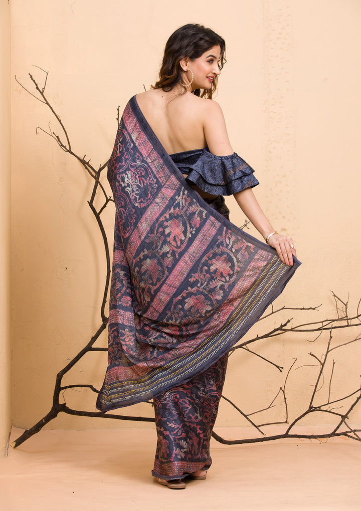 Dark Grey Floral Printed Semi Crepe Saree-Koskii