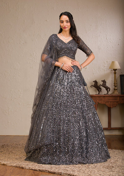 Dark Grey Sequins Net Readymade Lehenga-Koskii