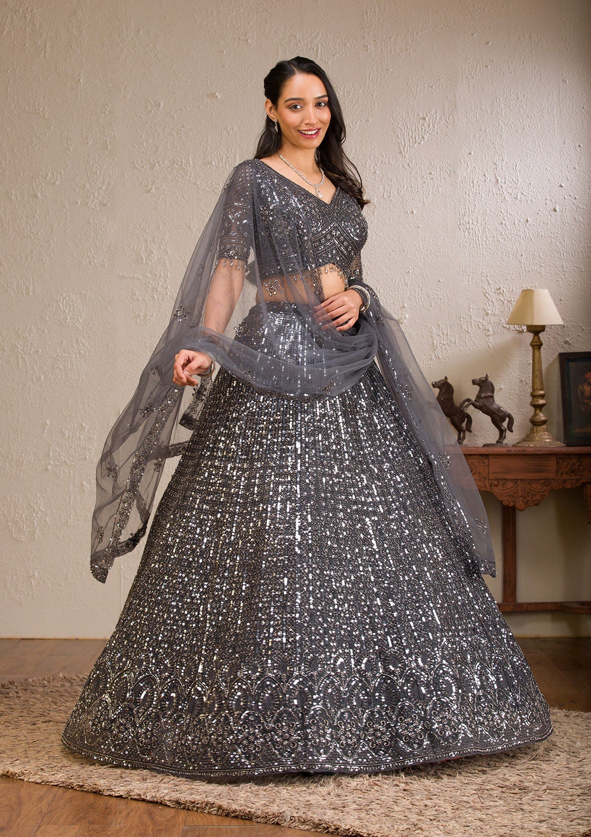 Dark Grey Sequins Net Readymade Lehenga-Koskii