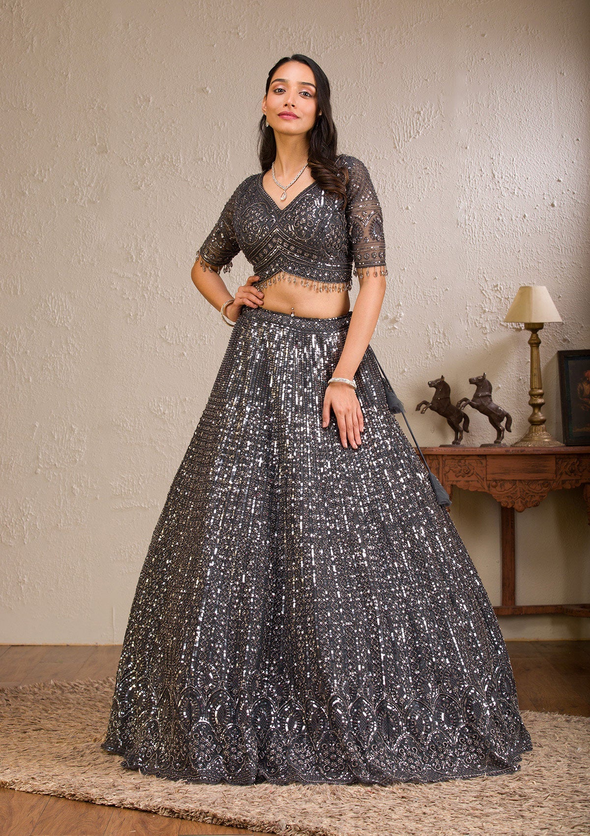 Dark Grey Sequins Net Readymade Lehenga-Koskii